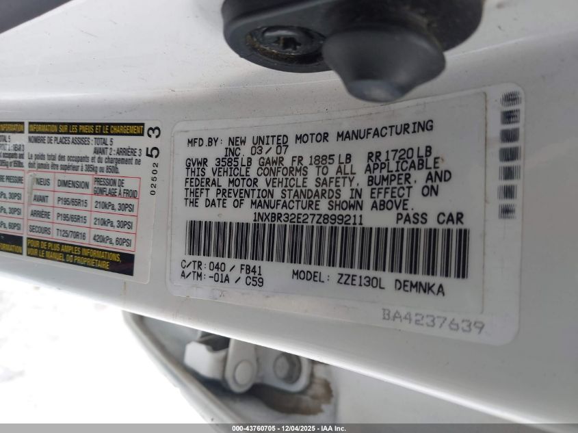 2007 Toyota Corolla Le VIN: 1NXBR32E27Z899211 Lot: 43760705