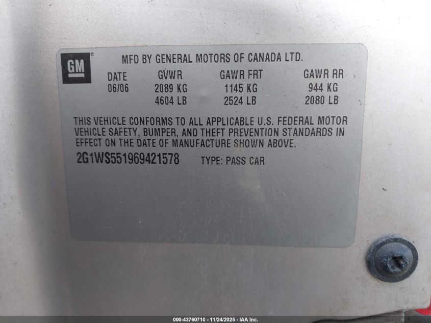 2006 Chevrolet Impala Police VIN: 2G1WS551969421578 Lot: 43760710