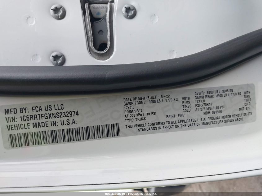 2022 Ram 1500 Classic Tradesman 4X4 6'4 Box VIN: 1C6RR7FGXNS232974 Lot: 43760719
