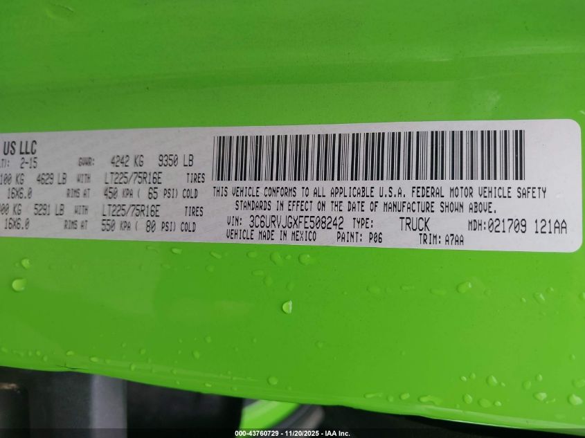 2015 Ram Promaster Cargo Van High Roof VIN: 3C6URVJGXFE508242 Lot: 43760729