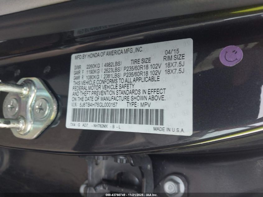 2016 Acura Rdx Advance Package VIN: 5J8TB4H76GL000157 Lot: 43760749