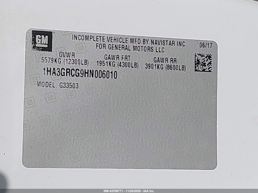 2017 Chevrolet Express Cutaway Work Van VIN: 1HA3GRCG9HN006010 Lot: 43760771