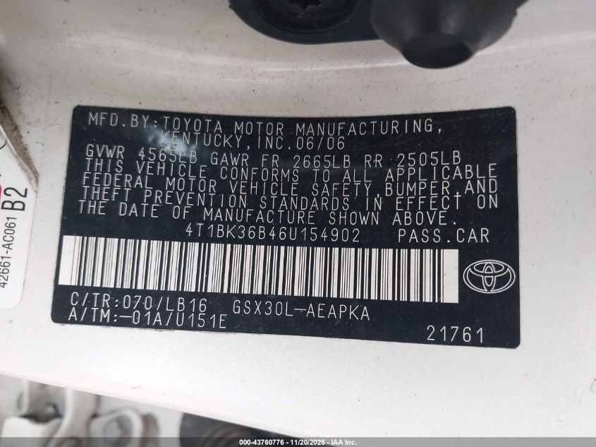 2006 Toyota Avalon Limited VIN: 4T1BK36B46U154902 Lot: 43760776