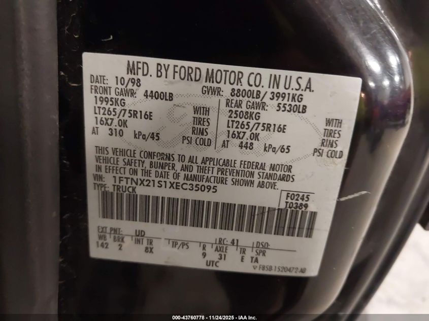 1999 Ford F-250 Lariat/Xl/Xlt VIN: 1FTNX21S1XEC35095 Lot: 43760778