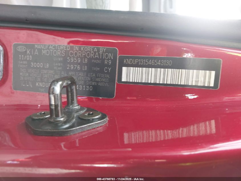 2004 Kia Sedona Ex/Lx VIN: KNDUP131546543130 Lot: 43760783
