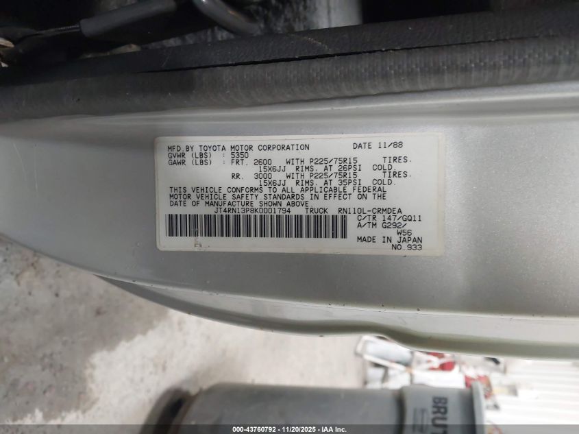 1989 Toyota Pickup 1/2 Ton Ex Lng Whlbse Dlx VIN: JT4RN13P8K0001794 Lot: 43760792