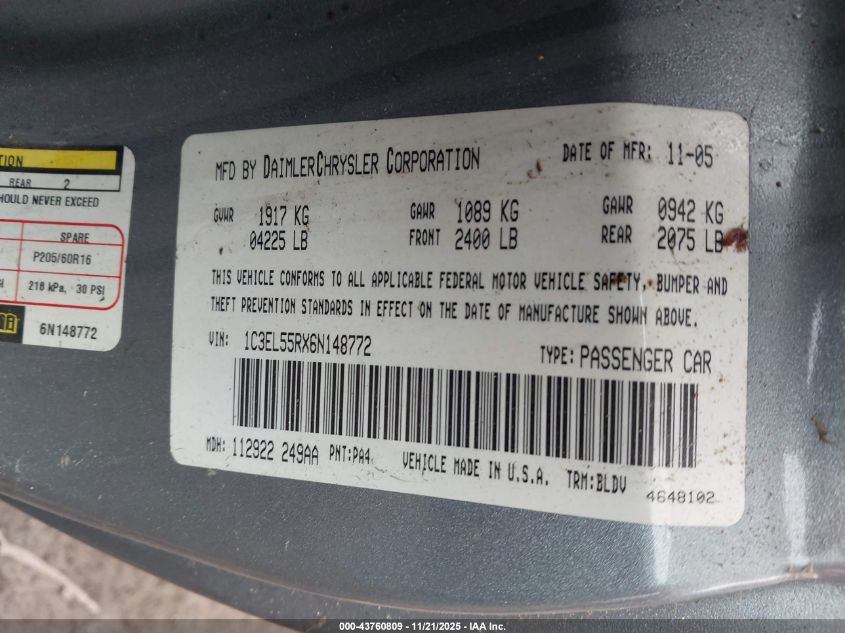 2006 Chrysler Sebring Touring VIN: 1C3EL55RX6N148772 Lot: 43760809