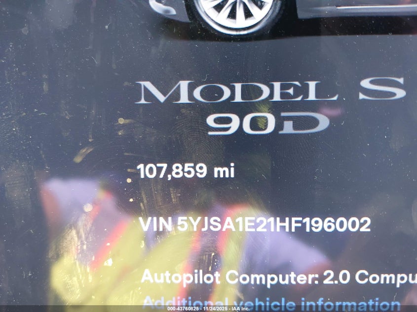 2017 Tesla Model S 100D/60D/75D/90D/P100D VIN: 5YJSA1E21HF196002 Lot: 43760825