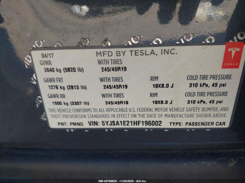 2017 Tesla Model S 100D/60D/75D/90D/P100D VIN: 5YJSA1E21HF196002 Lot: 43760825