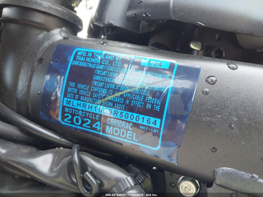 2024 Honda Cb650 R VIN: MLHRH1659R5000164 Lot: 43760831