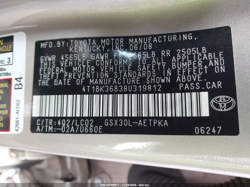 2008 Toyota Avalon Limited VIN: 4T1BK36B38U319812 Lot: 43760871