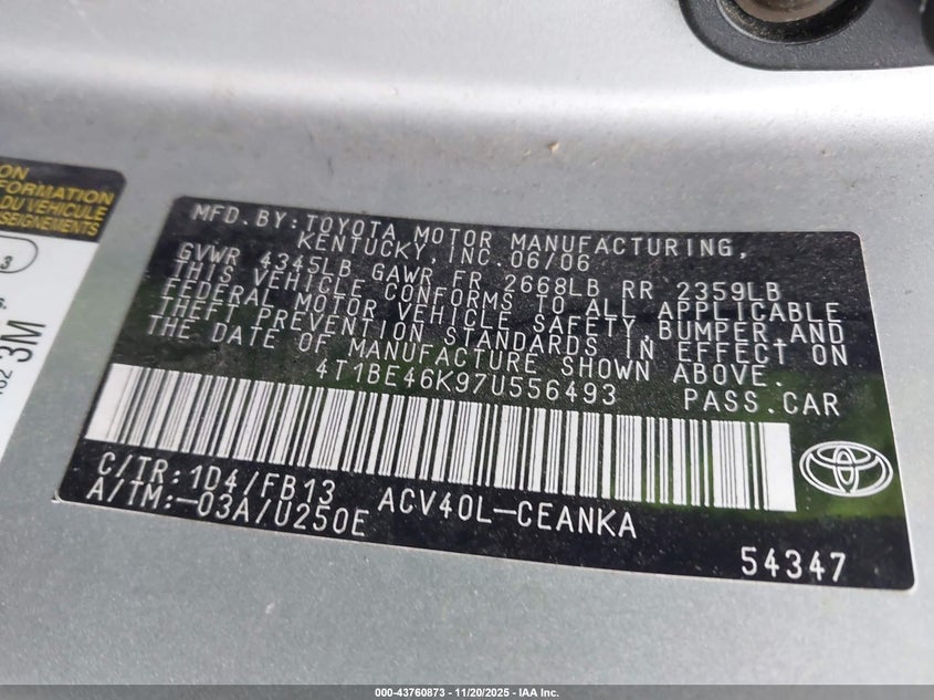 4T1BE46K97U556493 2007 TOYOTA CAMRY photo no. 9