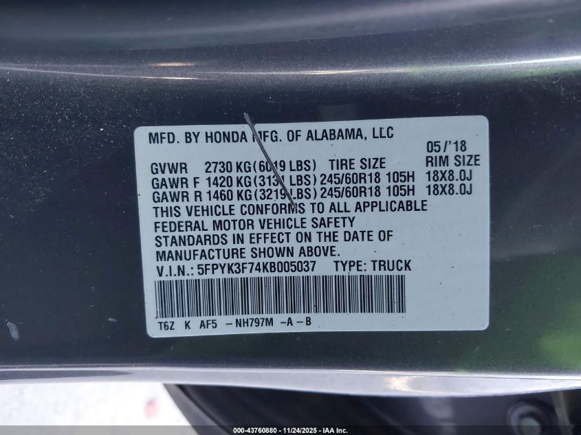 2019 Honda Ridgeline Rtl-E VIN: 5FPYK3F74KB005037 Lot: 43760880