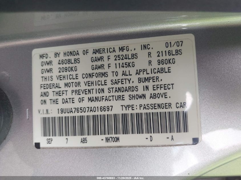 2007 Acura Tl Type S VIN: 19UUA76507A016697 Lot: 43760883
