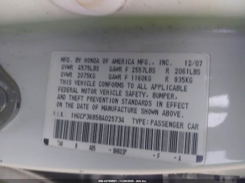 2008 Honda Accord 3.5 Ex-L VIN: 1HGCP36858A025734 Lot: 43760901