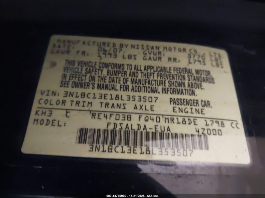 2008 Nissan Versa 1.8S VIN: 3N1BC13E18L353507 Lot: 43760902