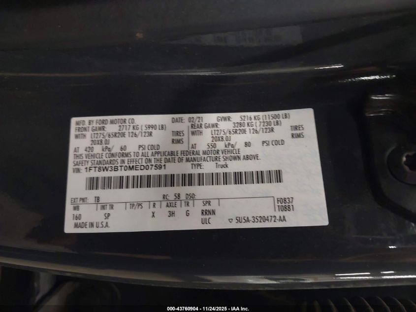 2021 Ford F-350 King Ranch VIN: 1FT8W3BT0MED07591 Lot: 43760904