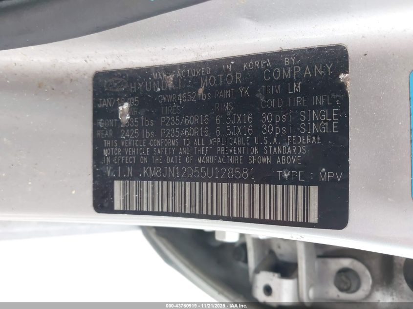 2005 Hyundai Tucson Gls/Lx VIN: KM8JN12D55U128581 Lot: 43760919