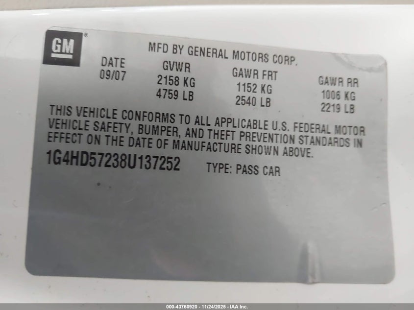 2008 Buick Lucerne Cxl VIN: 1G4HD57238U137252 Lot: 43760920