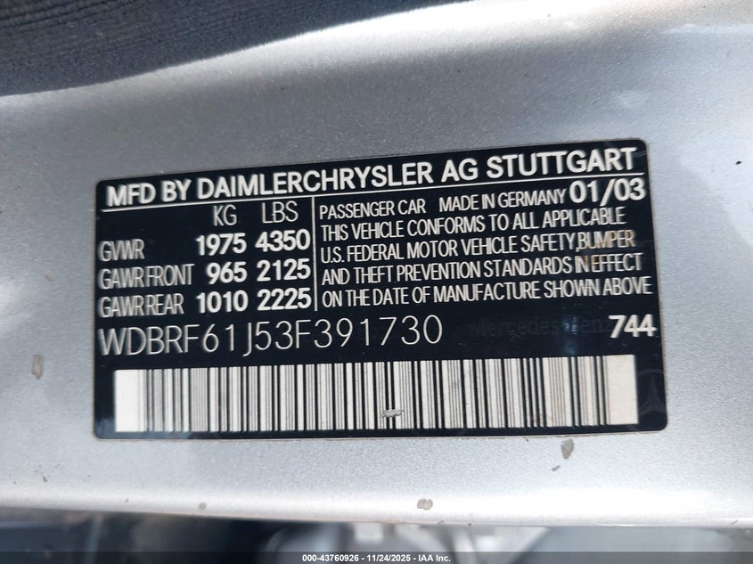 2003 Mercedes-Benz C 240 VIN: WDBRF61J53F391730 Lot: 43760926