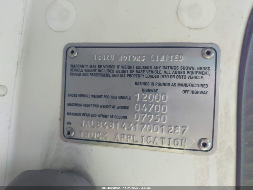 2001 Isuzu Npr VIN: JALB4B14317001287 Lot: 43760951