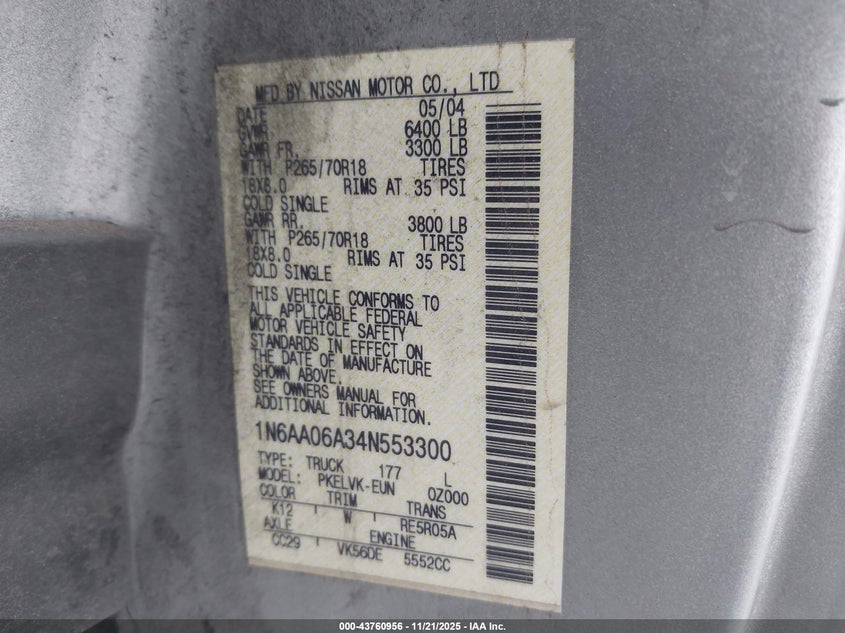 2004 Nissan Titan Le VIN: 1N6AA06A34N553300 Lot: 43760956