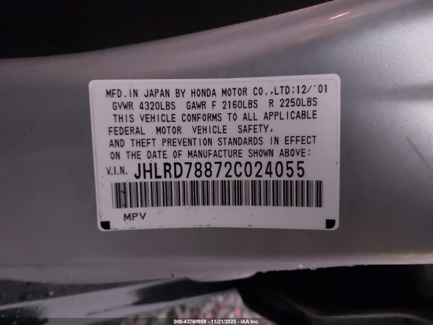 2002 Honda Cr-V Ex VIN: JHLRD78872C024055 Lot: 43760959