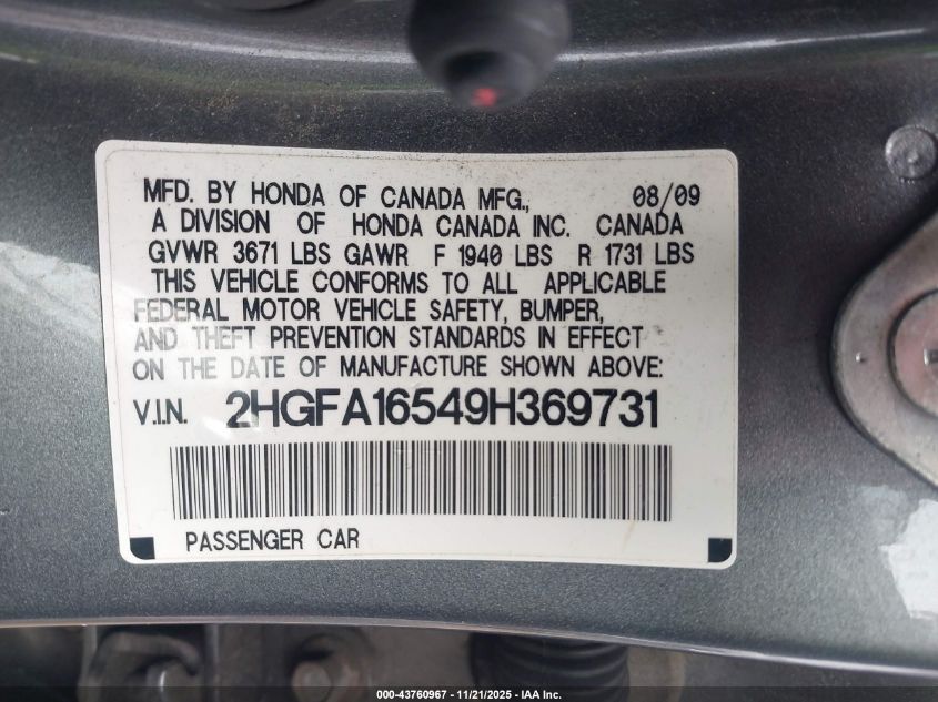 2009 Honda Civic Lx VIN: 2HGFA16549H369731 Lot: 43760967