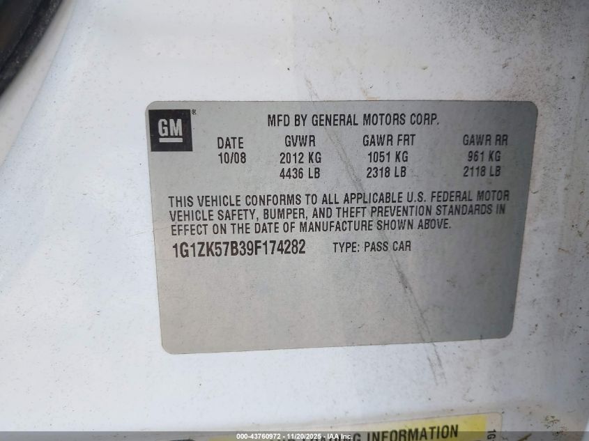 2009 Chevrolet Malibu Ltz VIN: 1G1ZK57B39F174282 Lot: 43760972