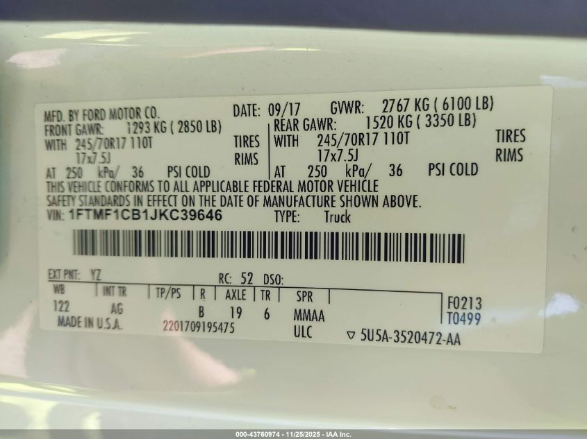 2018 Ford F-150 Xl VIN: 1FTMF1CB1JKC39646 Lot: 43760974