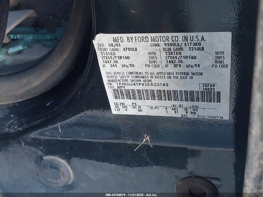 2002 Ford Excursion Xlt VIN: 1FMSU41F82EA23163 Lot: 43760979