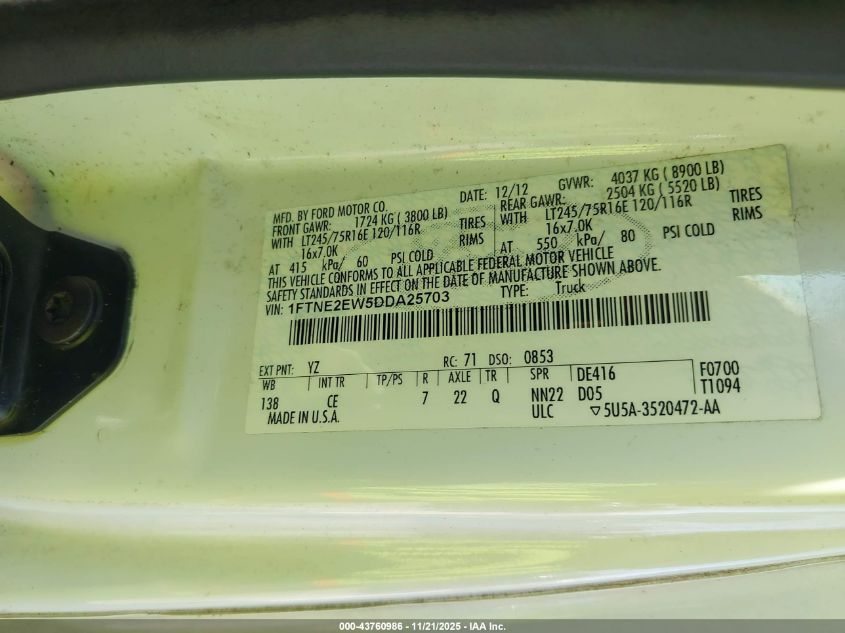 2013 Ford E-250 Commercial VIN: 1FTNE2EW5DDA25703 Lot: 43760986