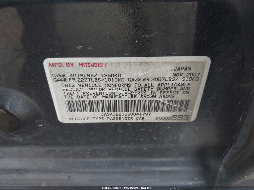 2008 Mitsubishi Lancer De/Es VIN: JA3AU26U68U041797 Lot: 43760992