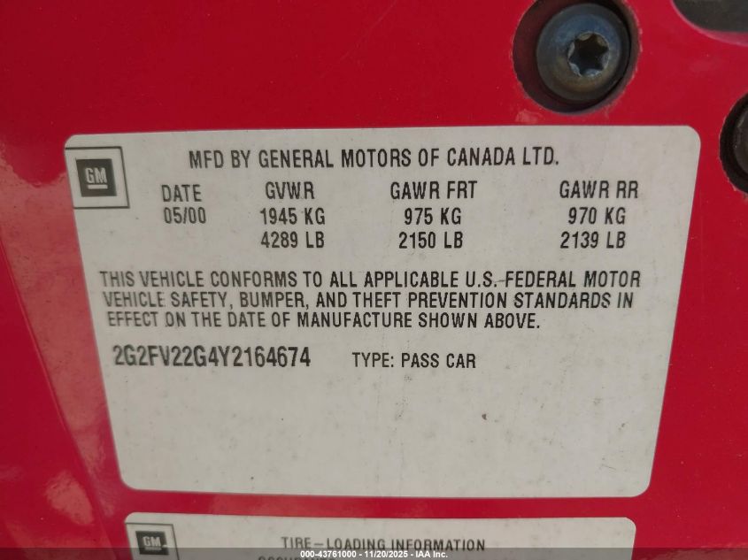 2000 Pontiac Firebird Trans Am VIN: 2G2FV22G4Y2164674 Lot: 43761000