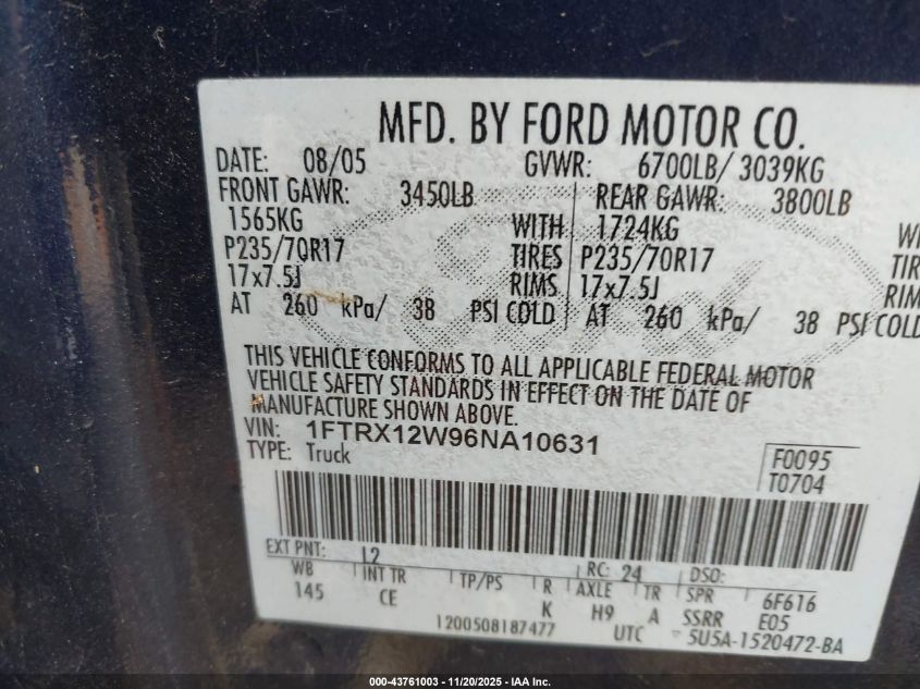 2006 Ford F-150 Stx/Xl/Xlt VIN: 1FTRX12W96NA10631 Lot: 43761003