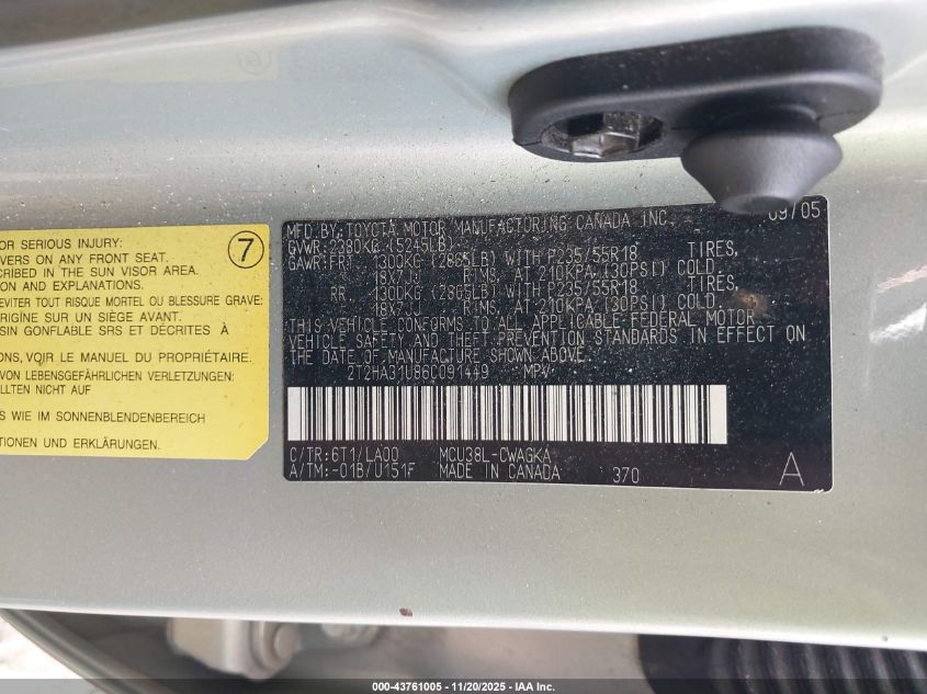 2006 Lexus Rx 330 VIN: 2T2HA31U86C091449 Lot: 43761005