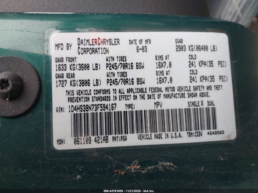 2003 Dodge Durango Sport/Sxt VIN: 1D4HS38N73F594167 Lot: 43761009