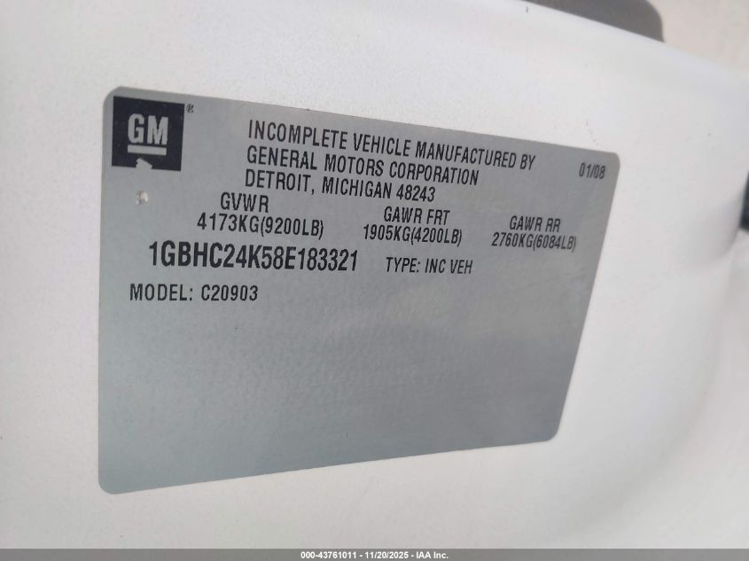 2008 Chevrolet Silverado 2500Hd Work Truck VIN: 1GBHC24K58E183321 Lot: 43761011