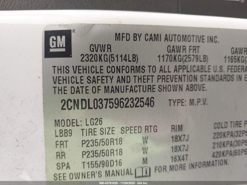 2009 Chevrolet Equinox Sport VIN: 2CNDL037596232546 Lot: 43761025