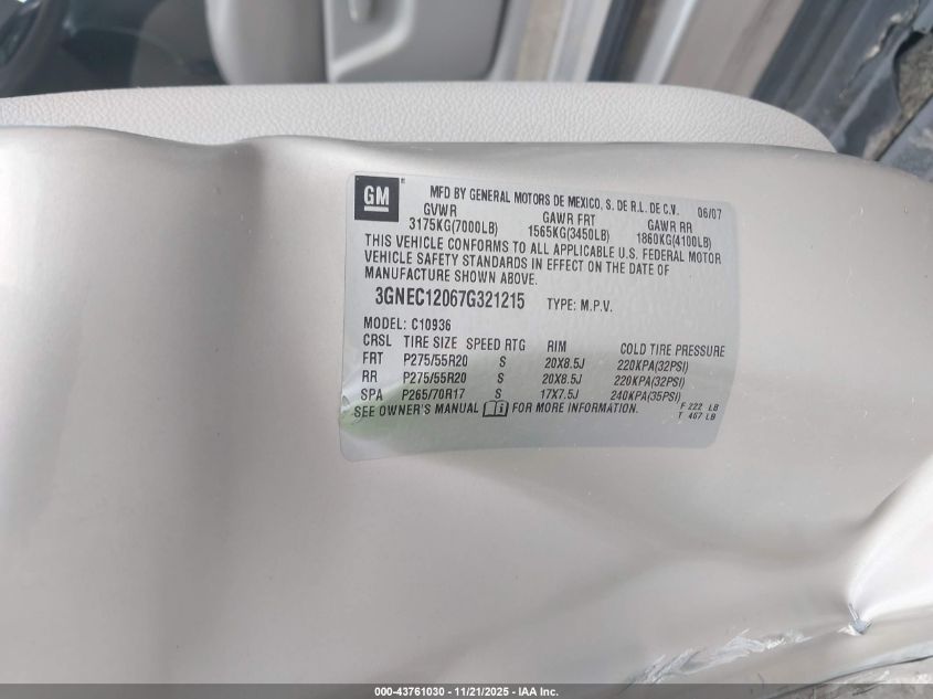 2007 Chevrolet Avalanche 1500 Lt VIN: 3GNEC12067G321215 Lot: 43761030