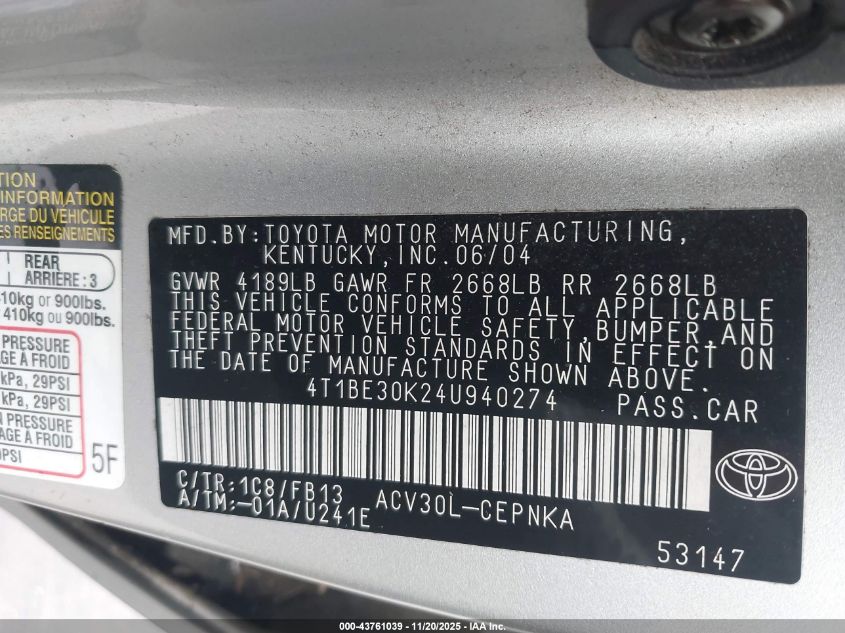 2004 Toyota Camry Le VIN: 4T1BE30K24U940274 Lot: 43761039