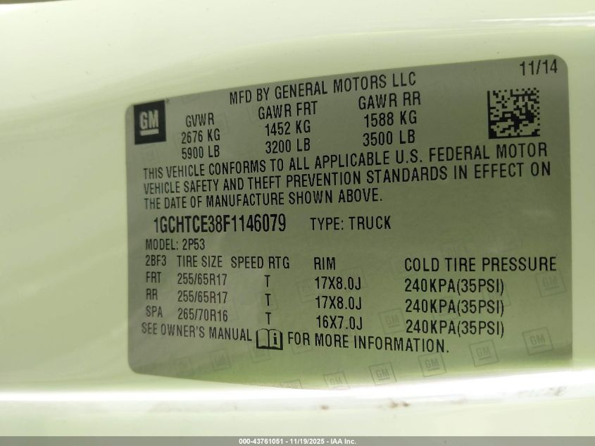 2015 Chevrolet Colorado Z71 VIN: 1GCHTCE38F1146079 Lot: 43761051