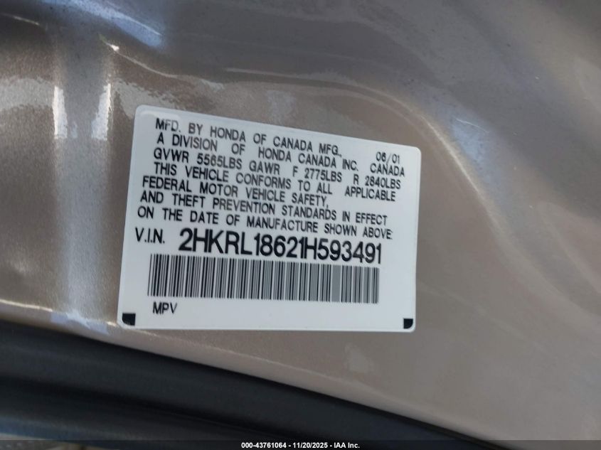 2001 Honda Odyssey Ex VIN: 2HKRL18621H593491 Lot: 43761064