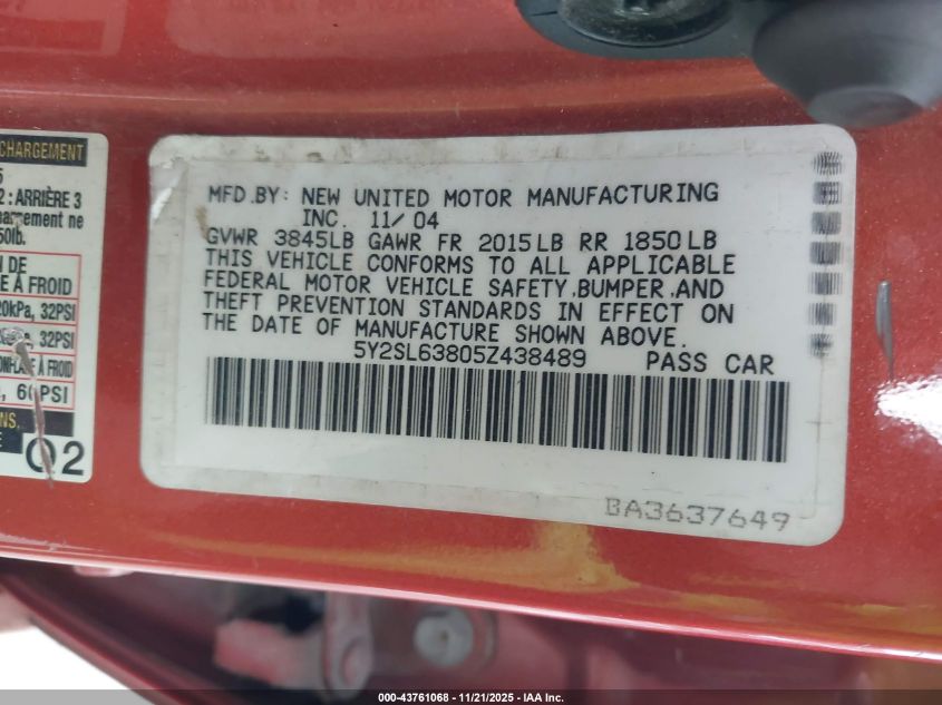 2005 Pontiac Vibe VIN: 5Y2SL63805Z438489 Lot: 43761068