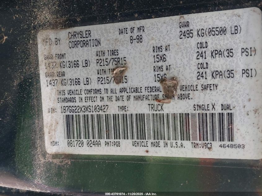 1999 Dodge Dakota Slt/Sport VIN: 1B7GG22X3XS103427 Lot: 43761074