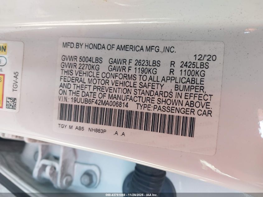 2021 Acura Tlx Technology Package VIN: 19UUB6F42MA006814 Lot: 43761088