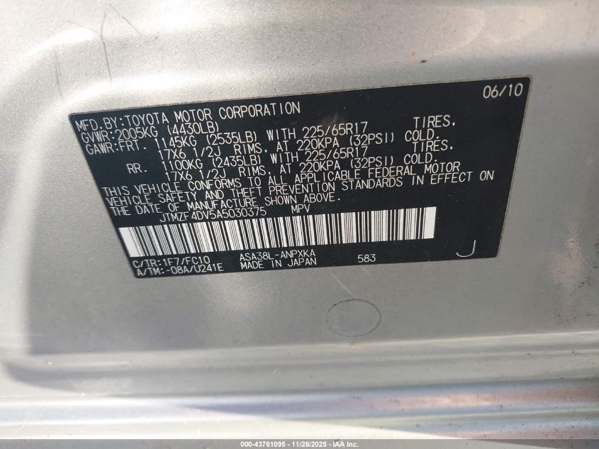2010 Toyota Rav4 VIN: JTMZF4DV5A5030375 Lot: 43761095