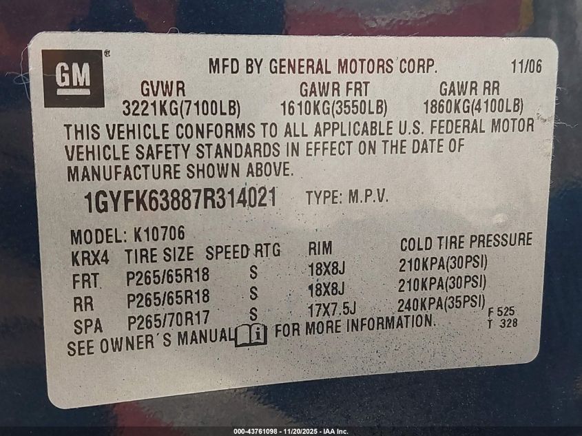 2007 Cadillac Escalade Standard VIN: 1GYFK63887R314021 Lot: 43761098