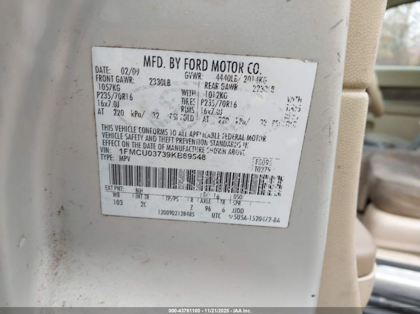 2009 Ford Escape Xlt VIN: 1FMCU03739KB69548 Lot: 43761100