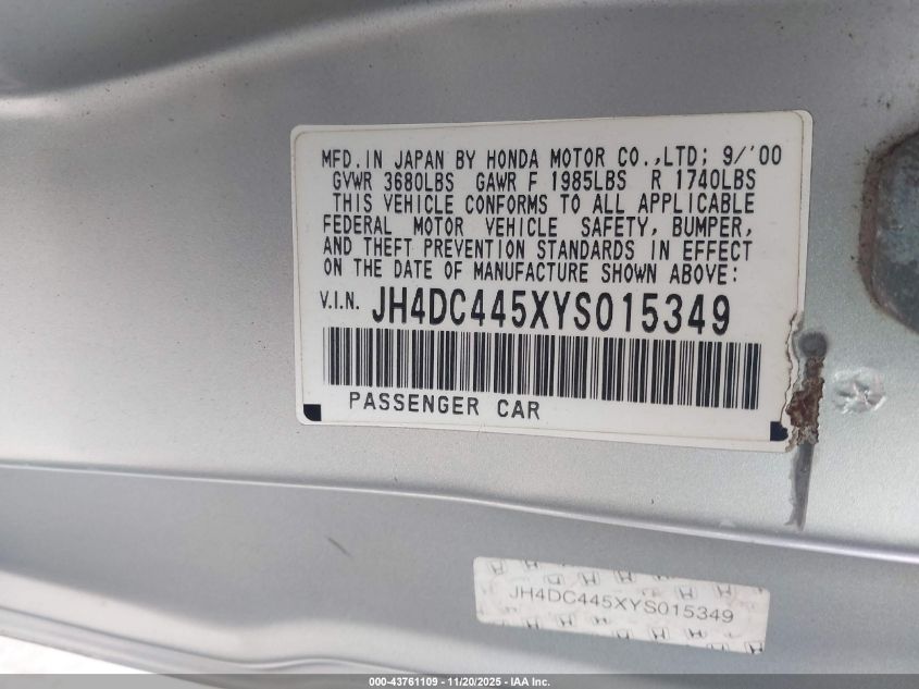 2000 Acura Integra Ls VIN: JH4DC445XYS015349 Lot: 43761109